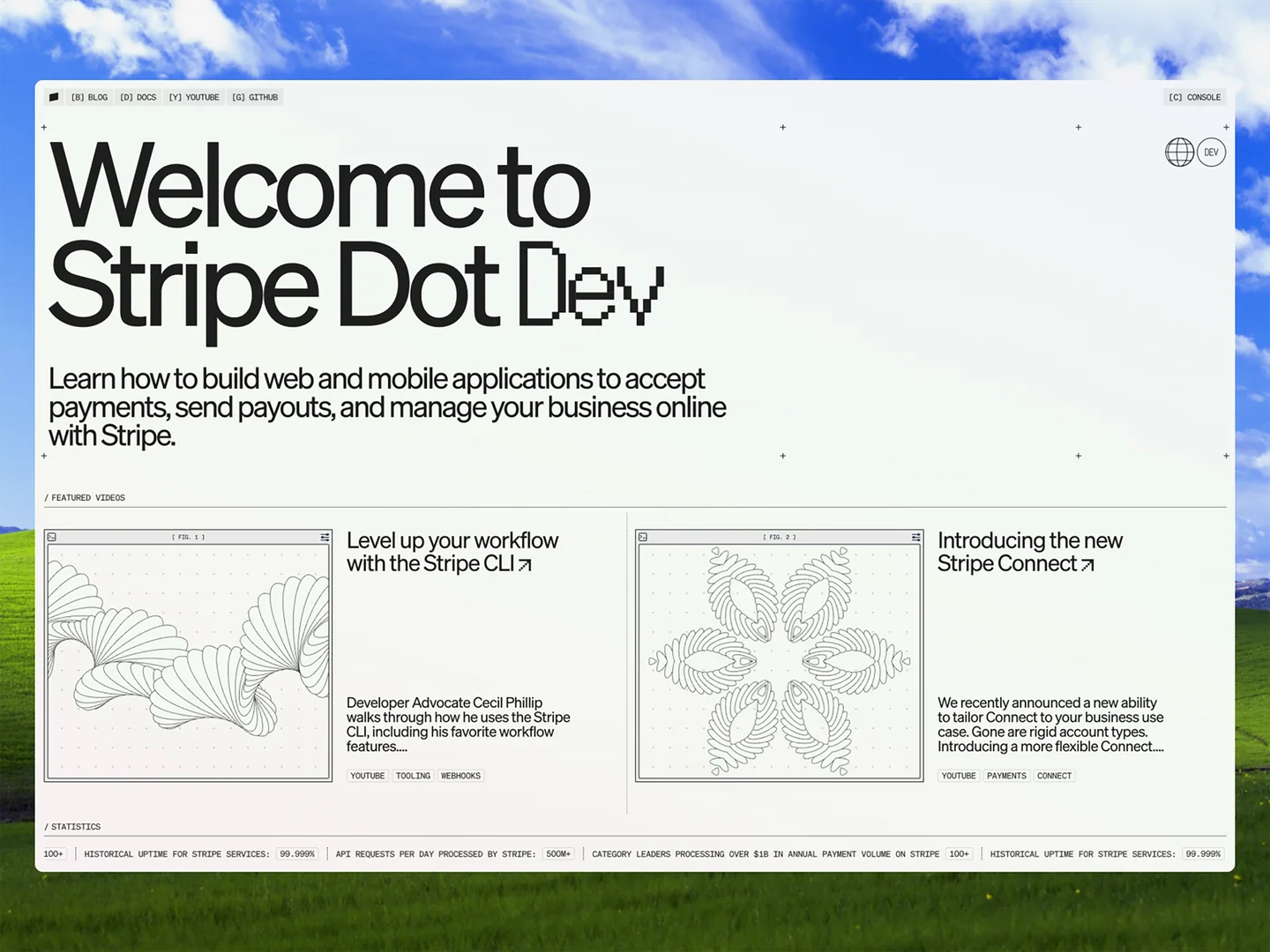 The homepage hero block for Stripe Dot Dev