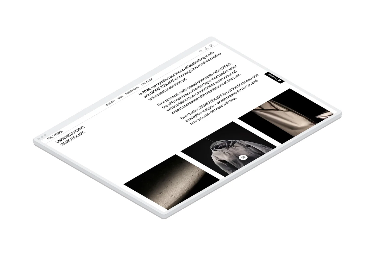 The Arc'teryx EPE Fabric page displayed in a browser window