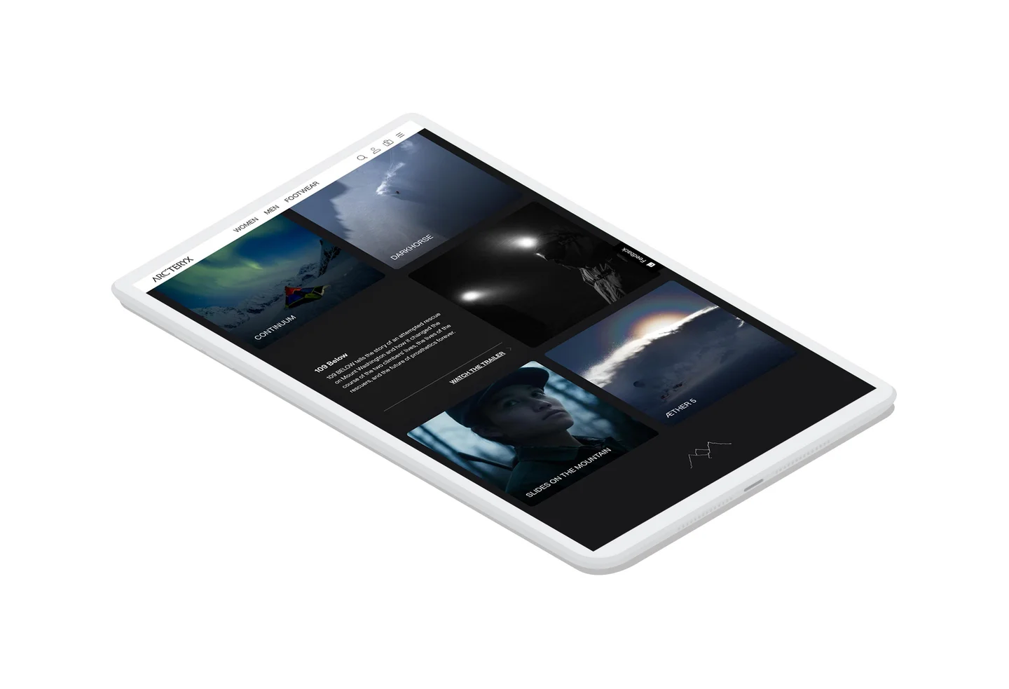 The menu of available films to watch on Arc'teryx website through the Films brand experience