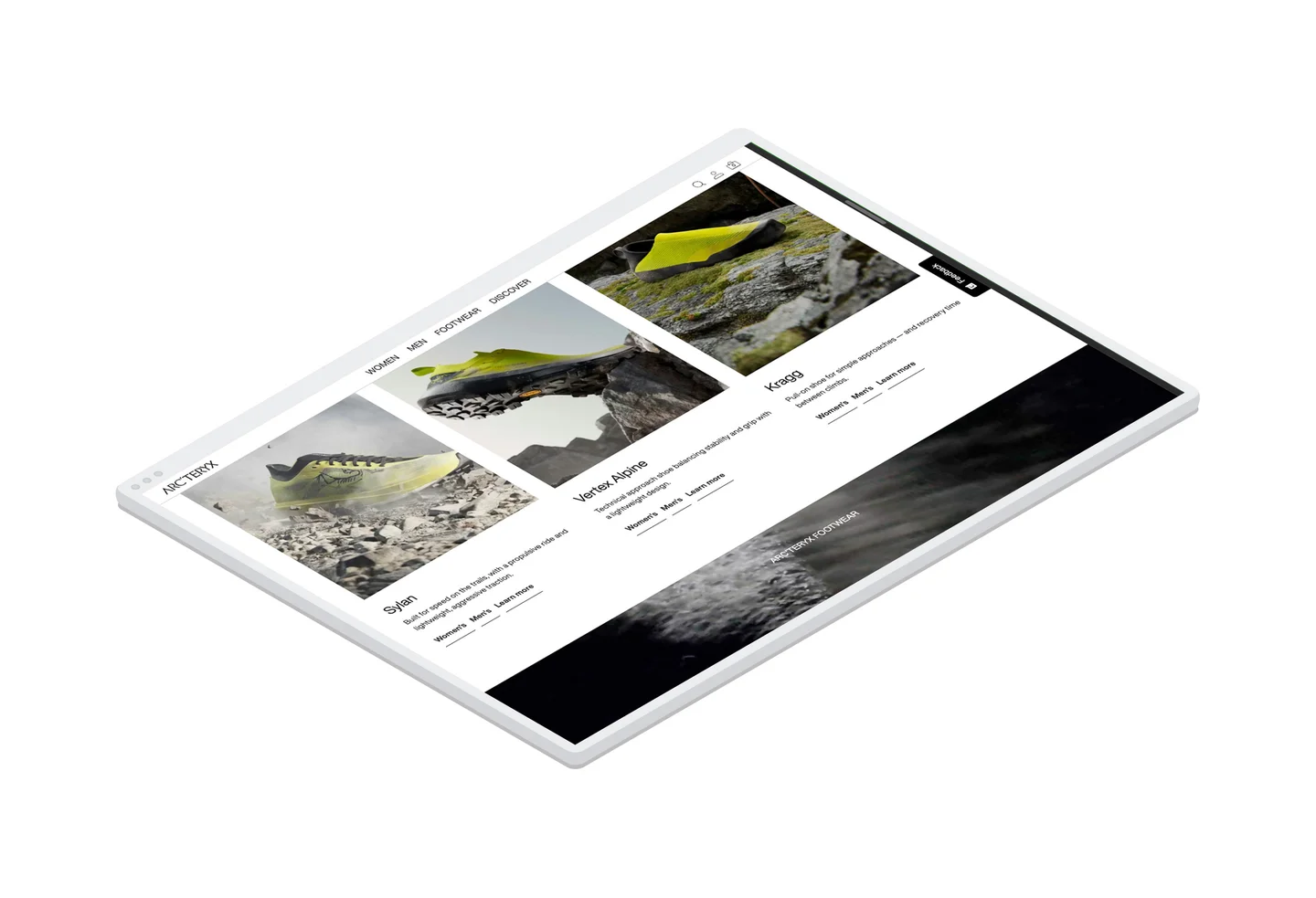 A selection of Arc'teryx running shoes on the Footwear shopping landing page