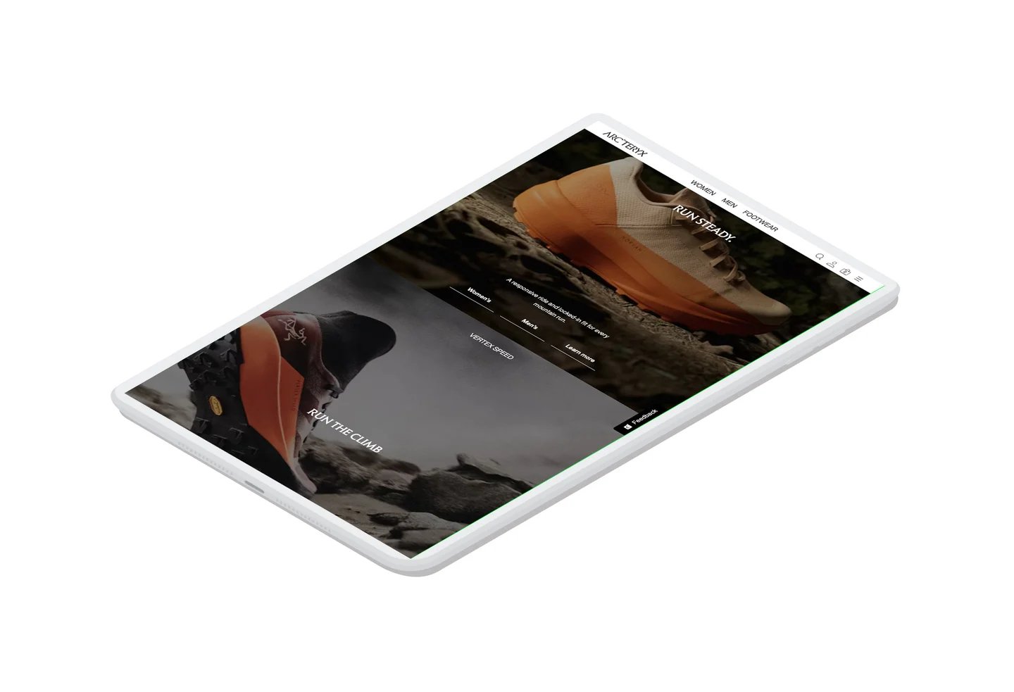 Some promo blocks on the Footwear shopping experience landing page on a tablet