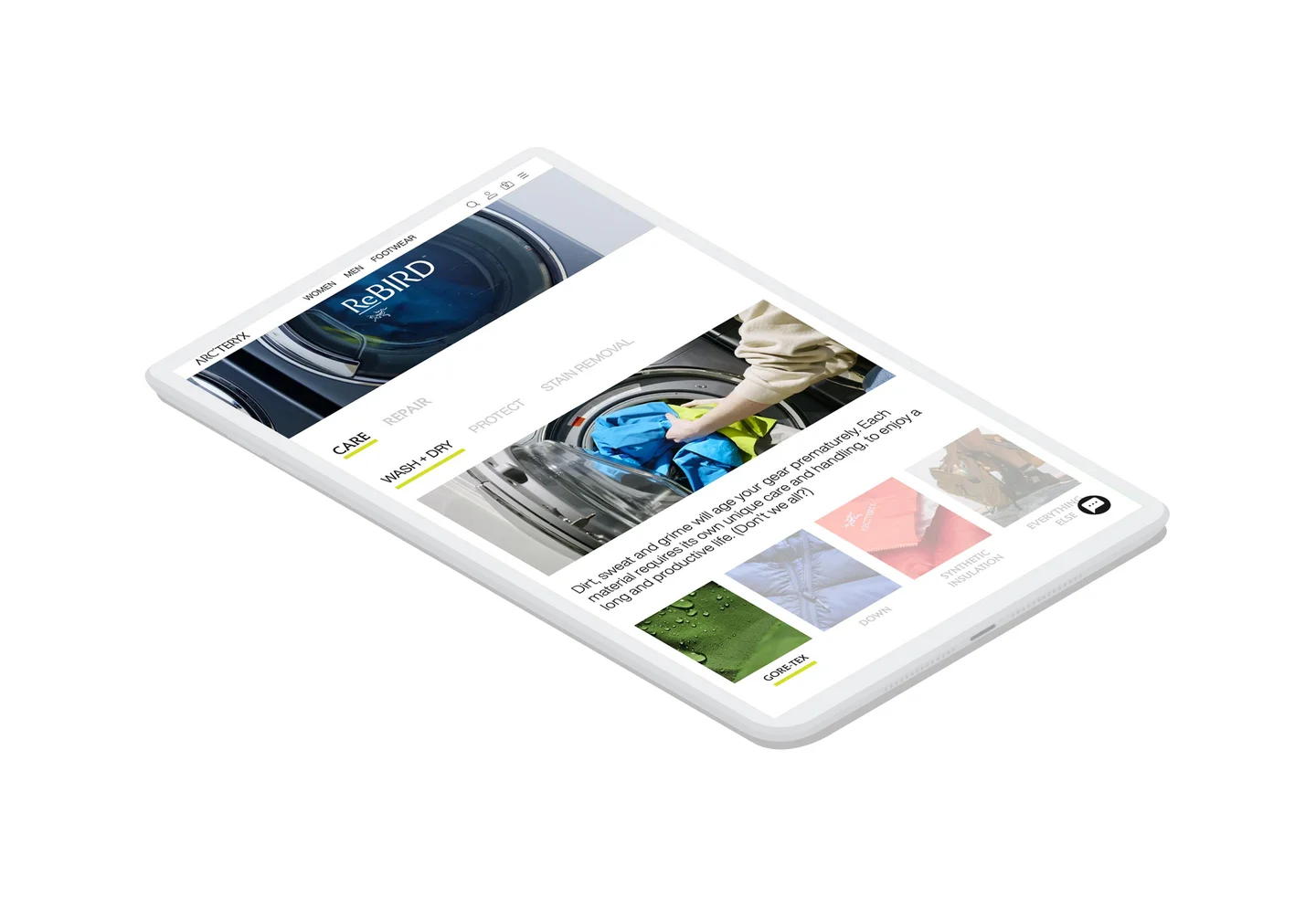 The homepage of the Recare product care section of the Arc'teryx website in a tablet