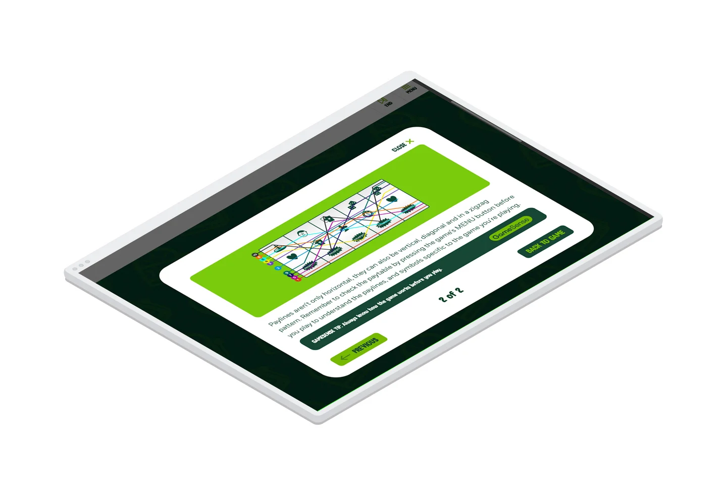 Information on how slot machines paylines work overlayed on the tutorial interface