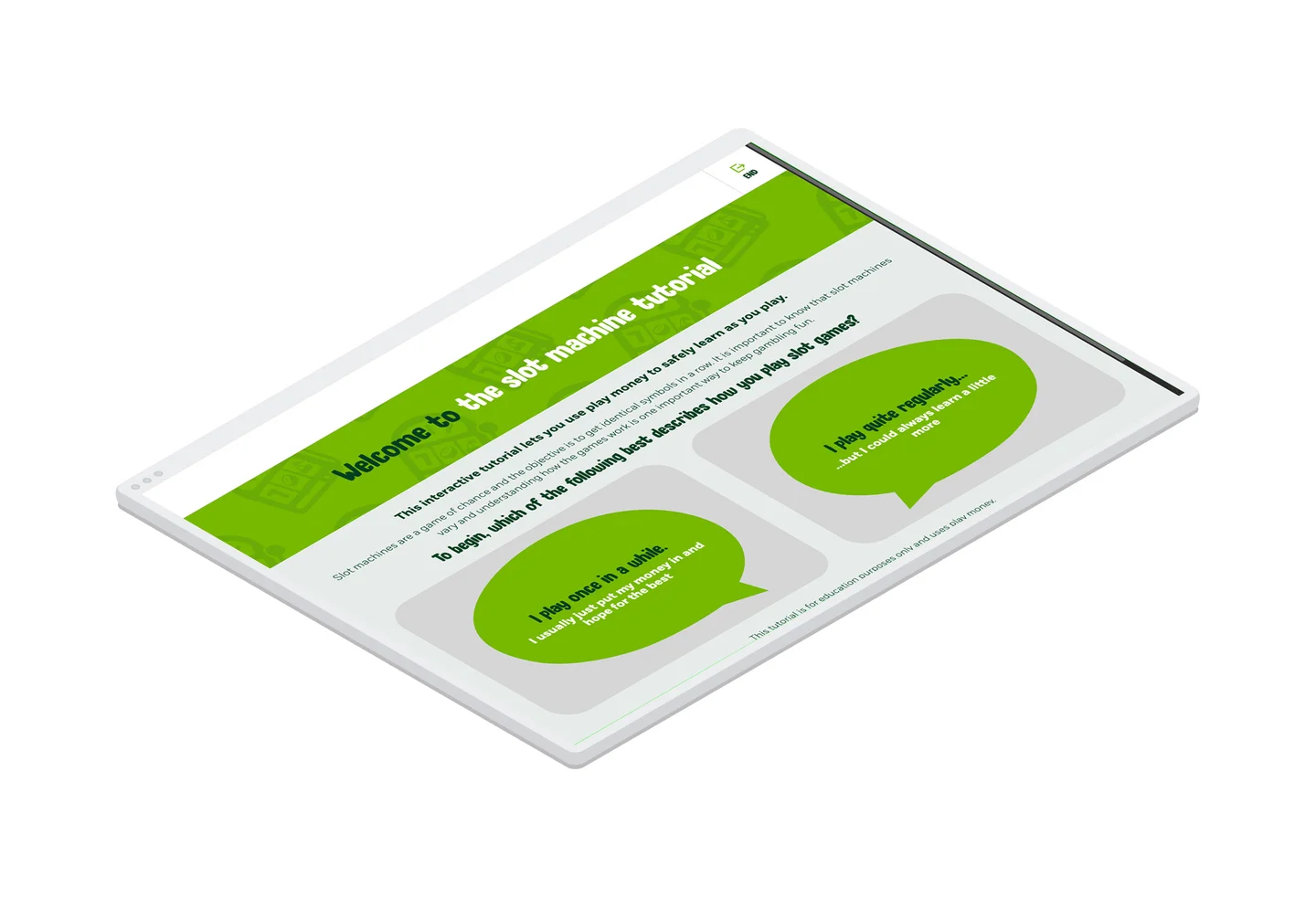 The player experience level selection screen that kicks off the tutorial experience