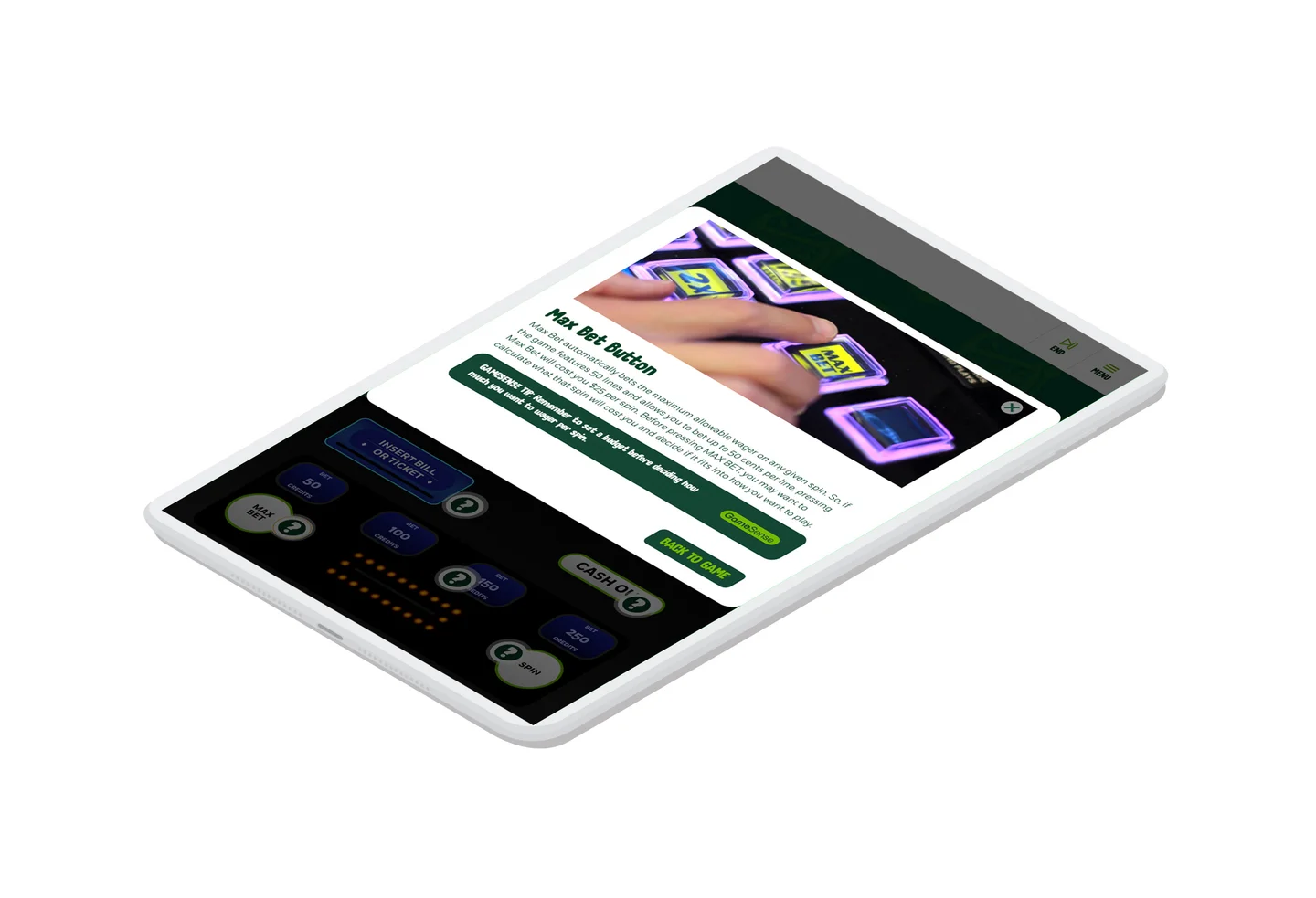 The max bet information modal window displaying over top of the tutorial interface