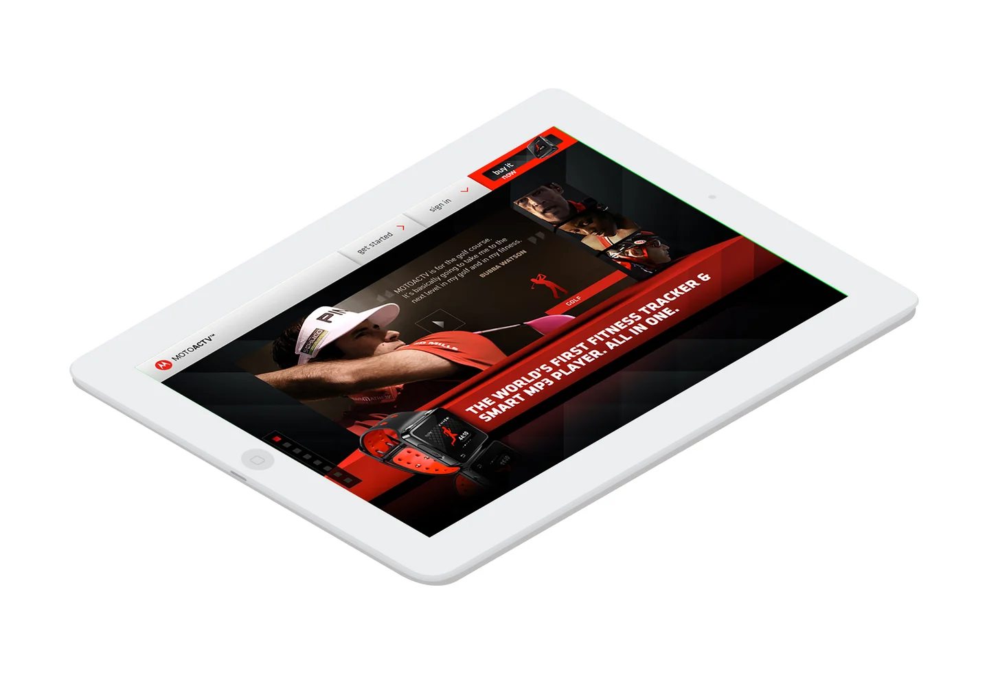 The MotoActv home page hero displayed on a tablet device