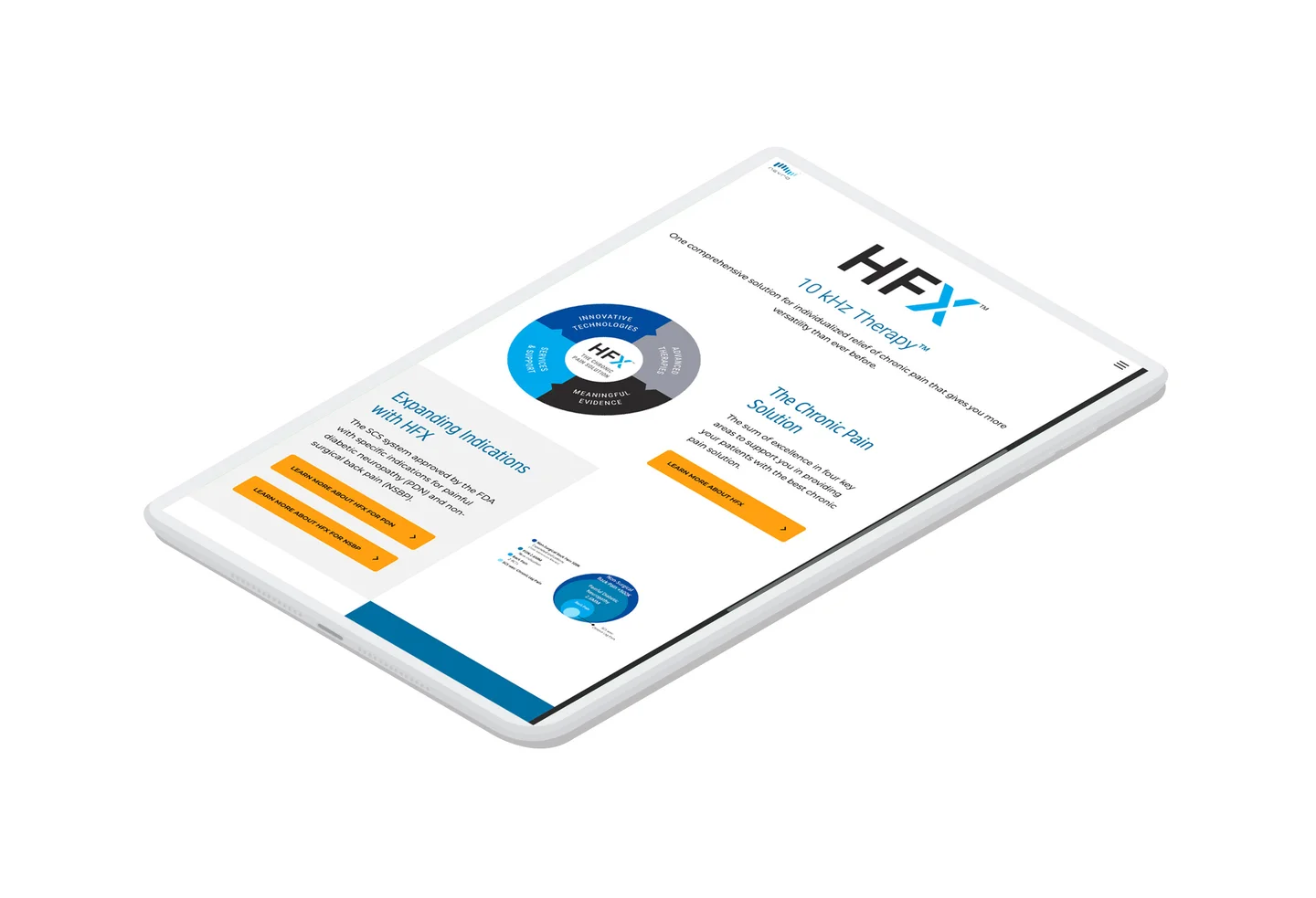 The HFX page of the nevro.com website displayed on a tablet