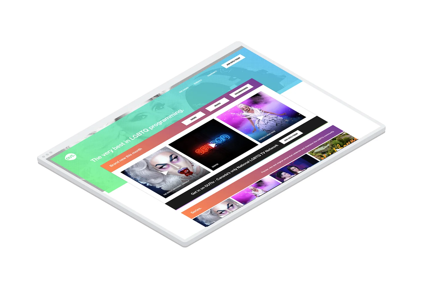 The OutTV "Our Shows" page - the programming catalog in a browser window