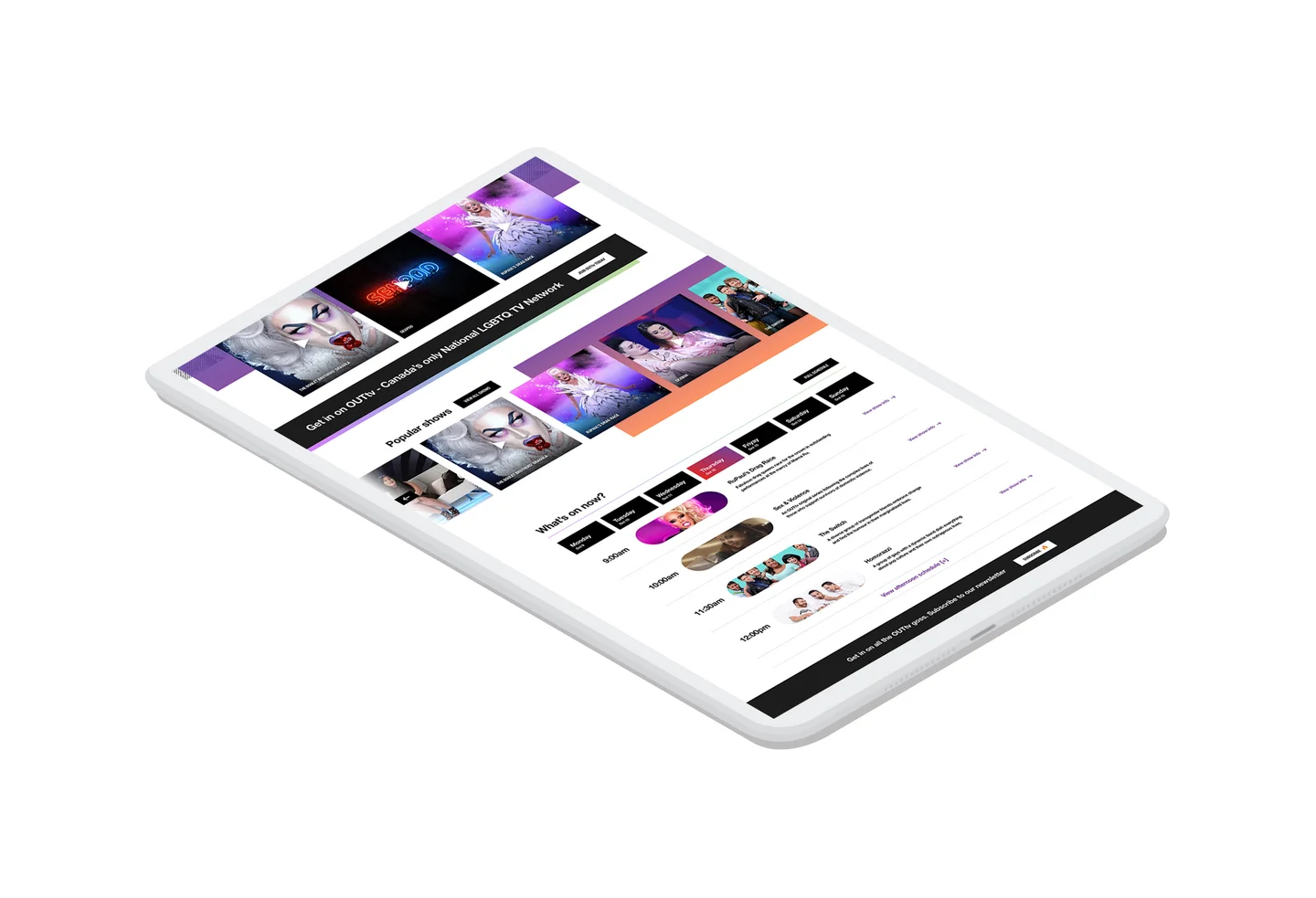 The bottom of the OutTV homepage displayed on a tablet device