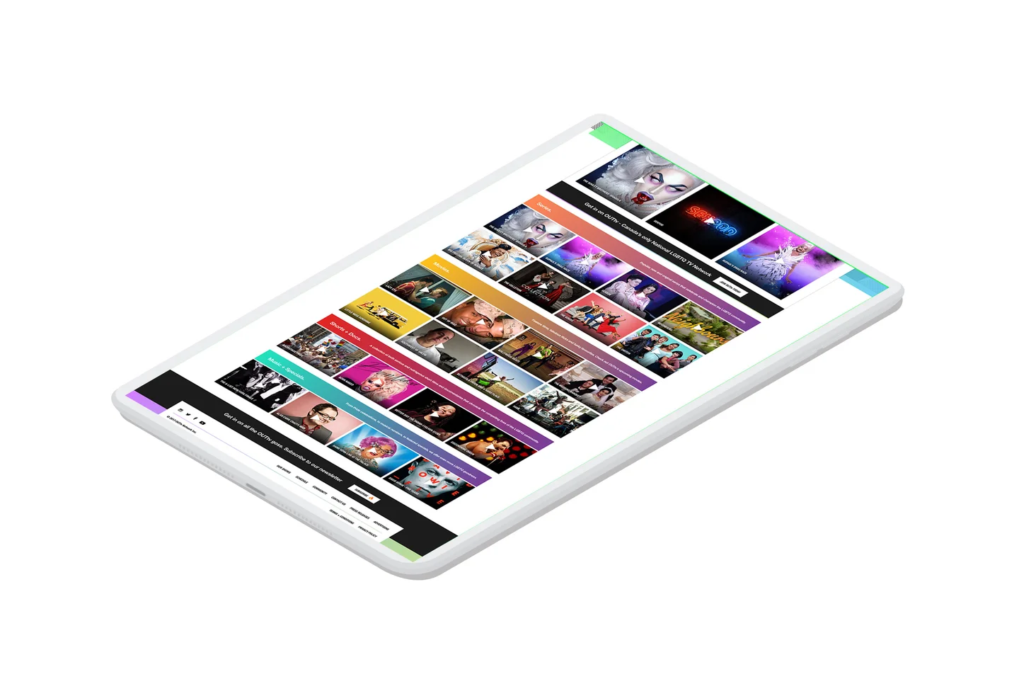 The OutTV catalog of programs displayed on a tablet device