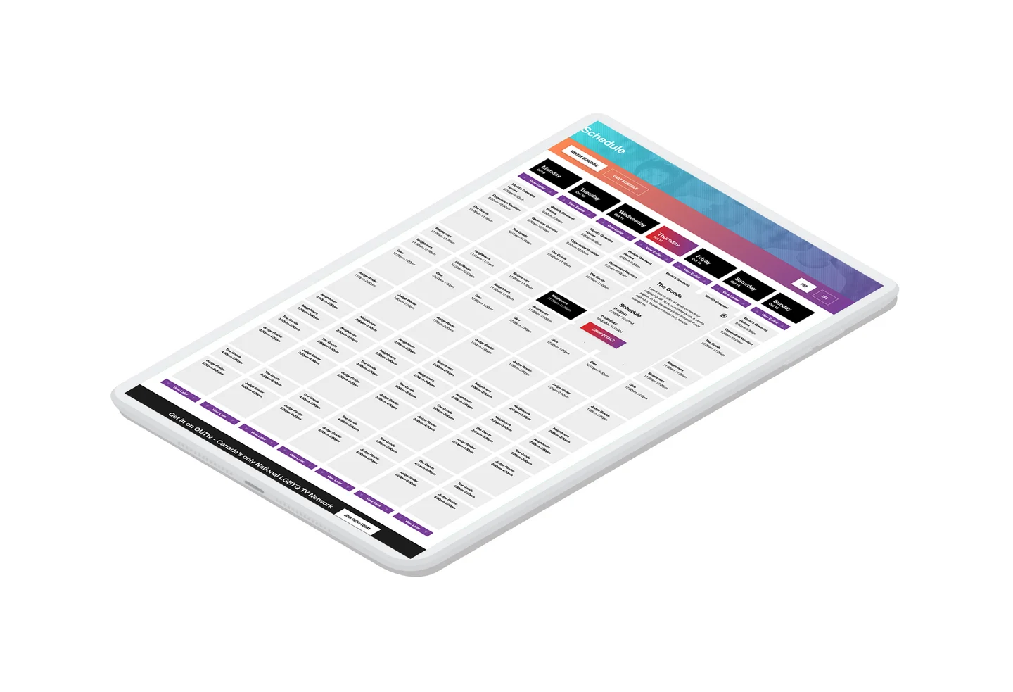 The detailed weekly programming schedule displayed on a tablet device