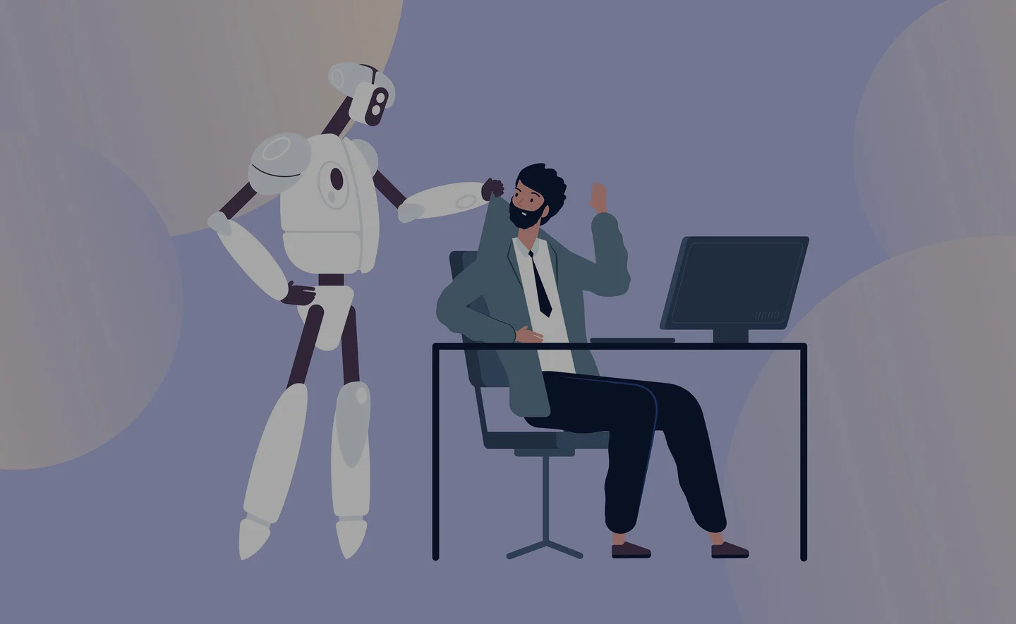 A humanoid robot pulling a developer out of his desk chair