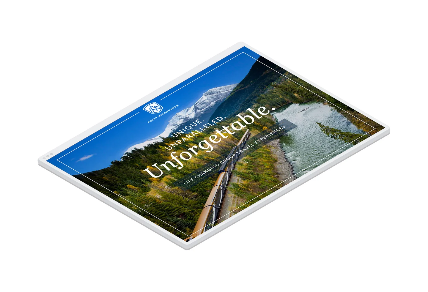 The Rocky Mountaineer homepage hero element in a browser window