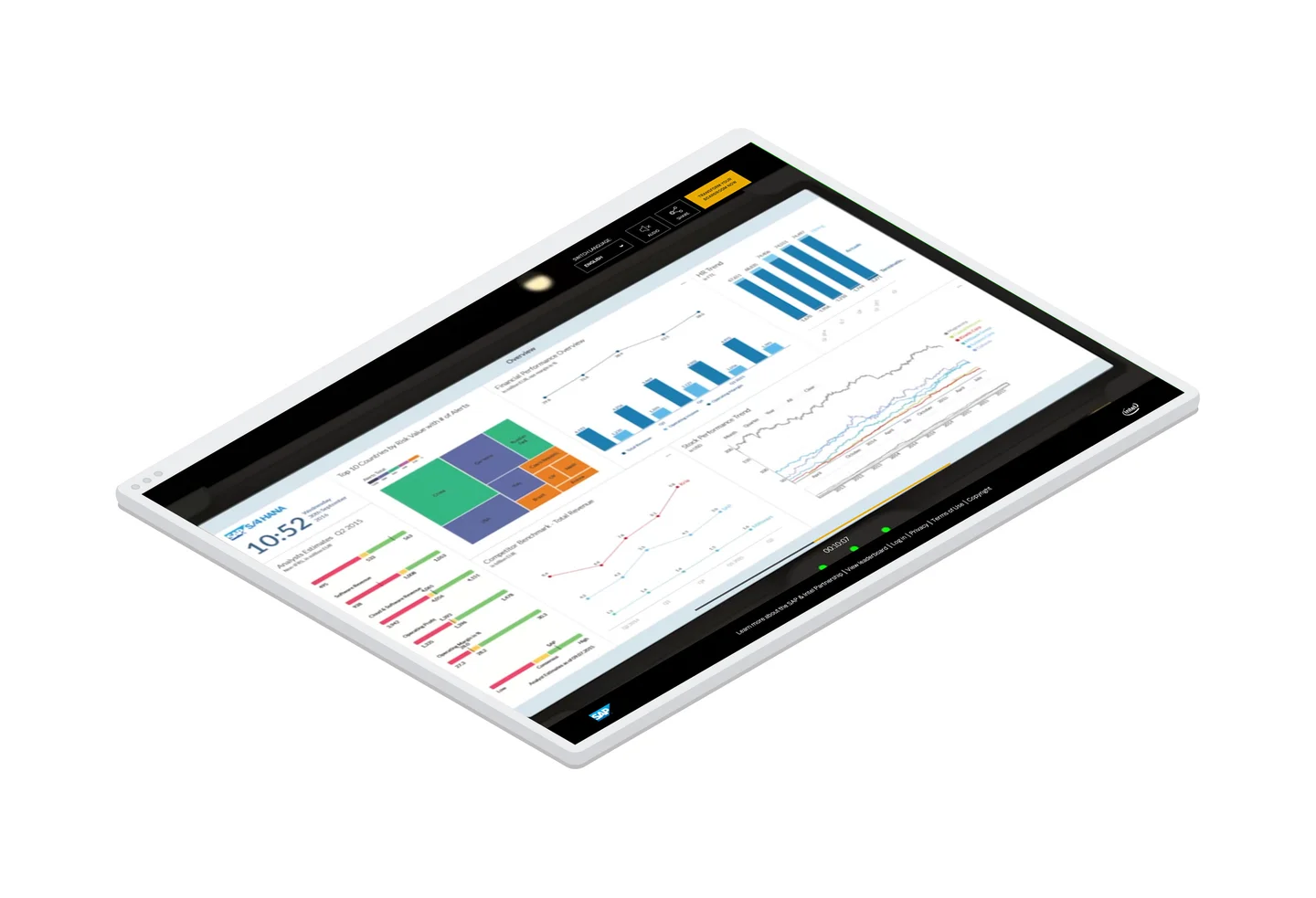 The user is presented with a digital boardroom screen and instructed to examine specific metrics while being timed and evaluated by the board