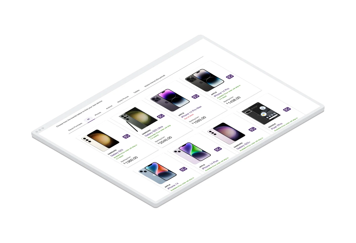 A grid displaying available mobile devices within the TELUS IQ e-commerce application