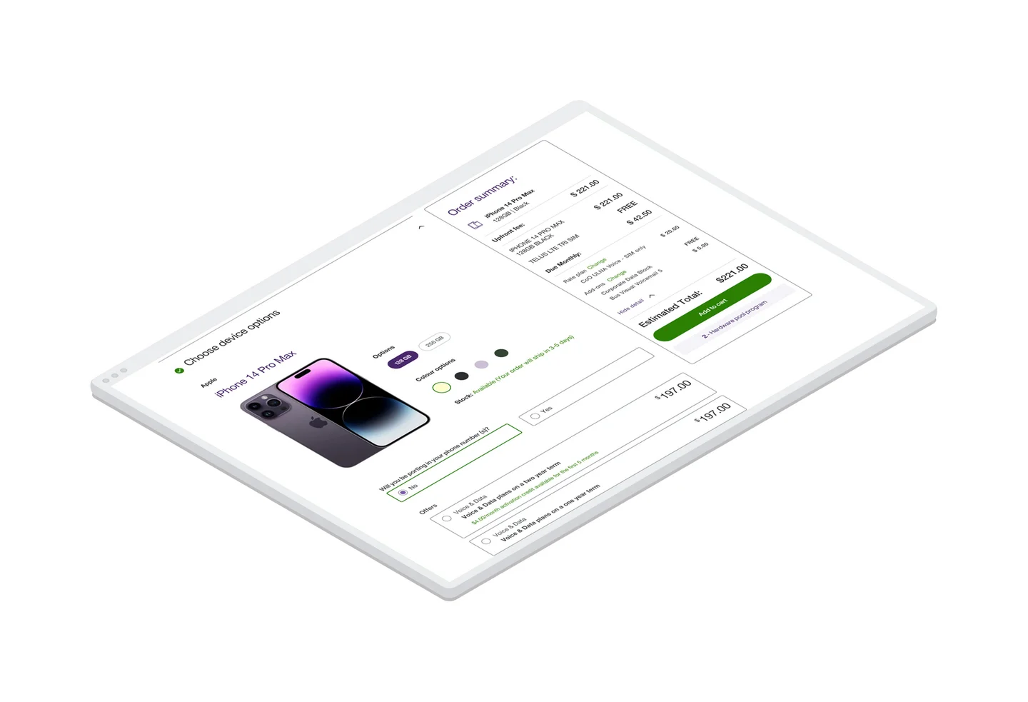 A page for selecting a device and its options within the TELUS IQ e-commerce application