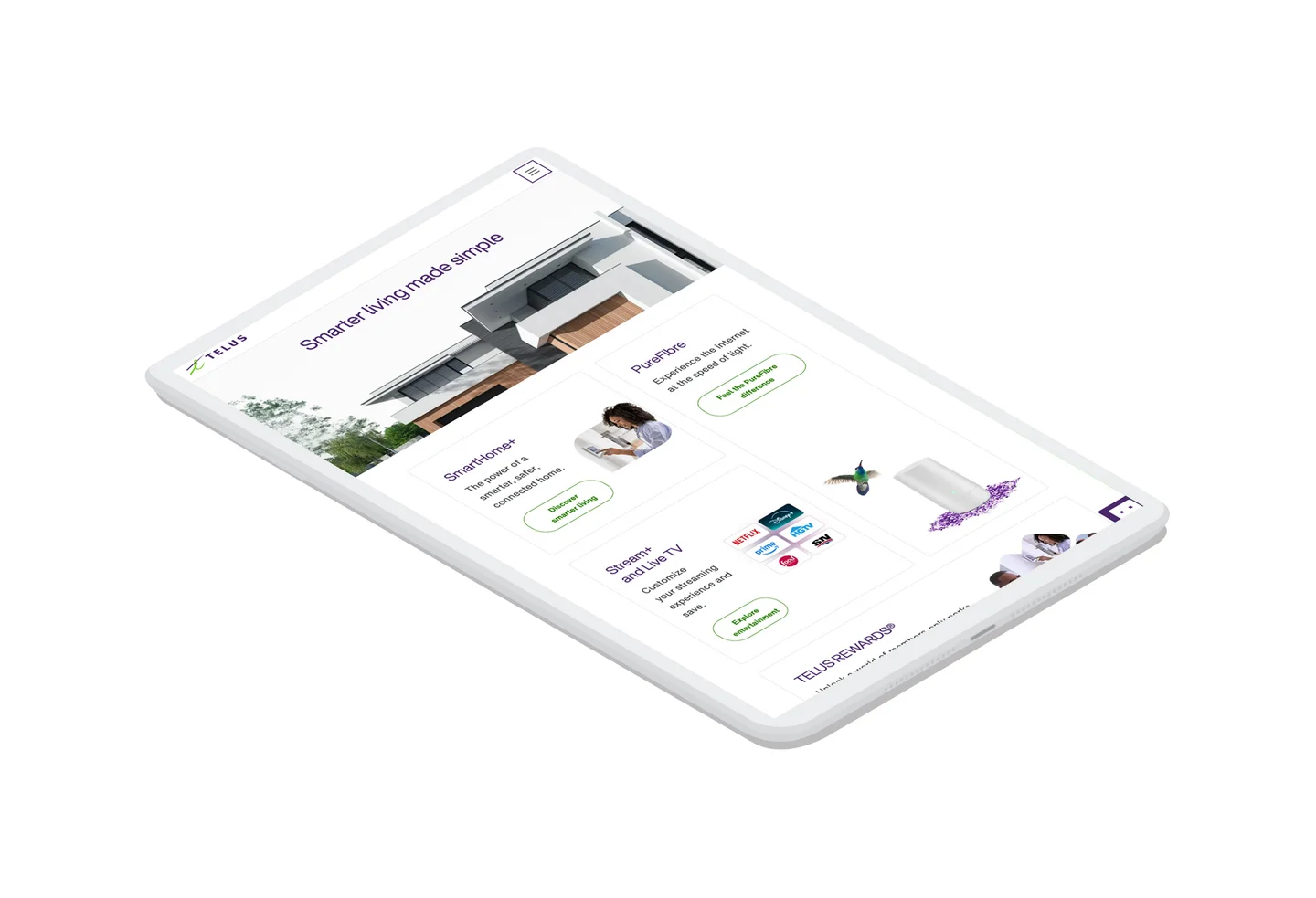 The homepage of the TELUS in-store kiosk application displayed on a tablet device