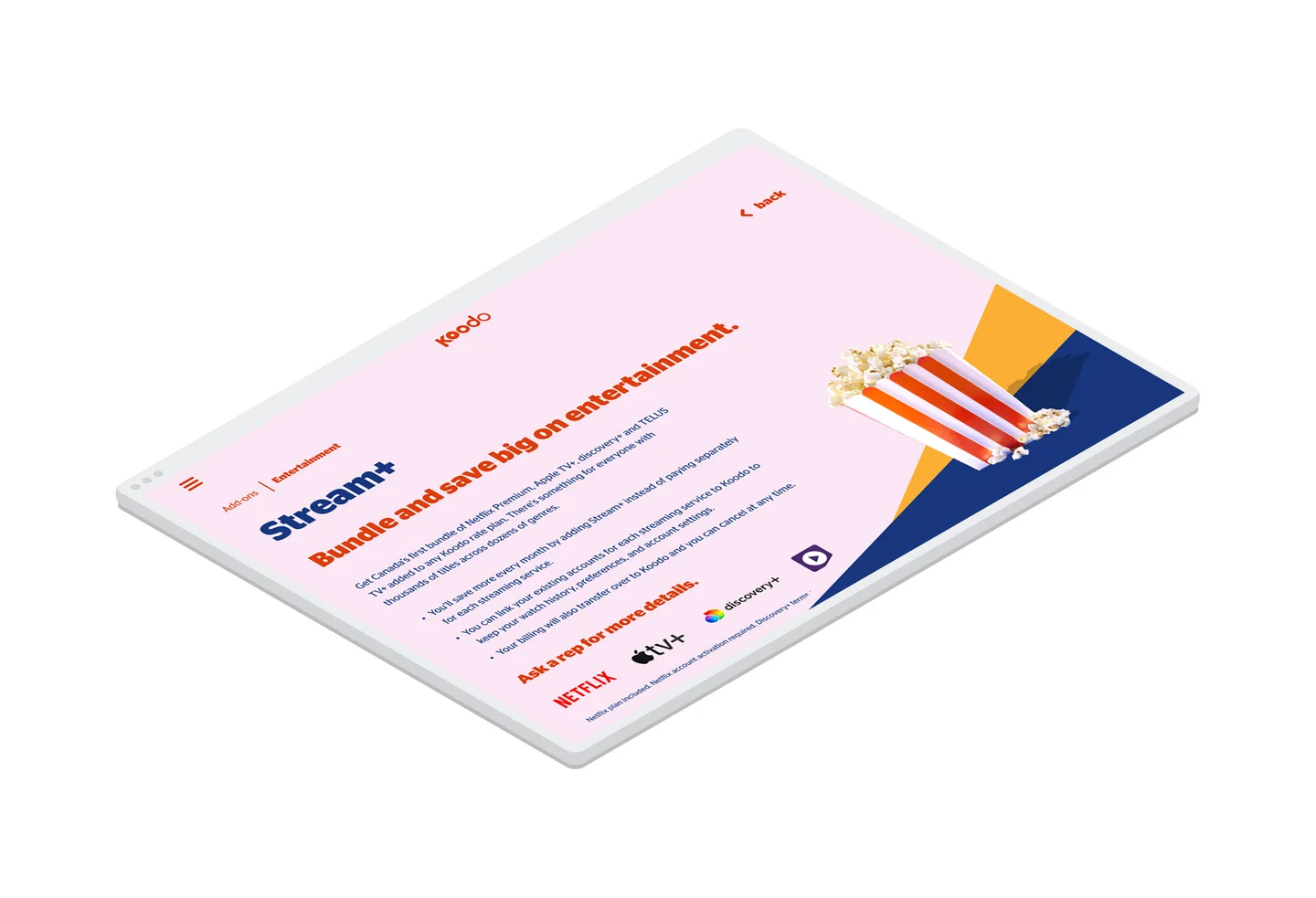 The Stream+ page in the entertainment section of the Koodo mobile in-store kiosk application