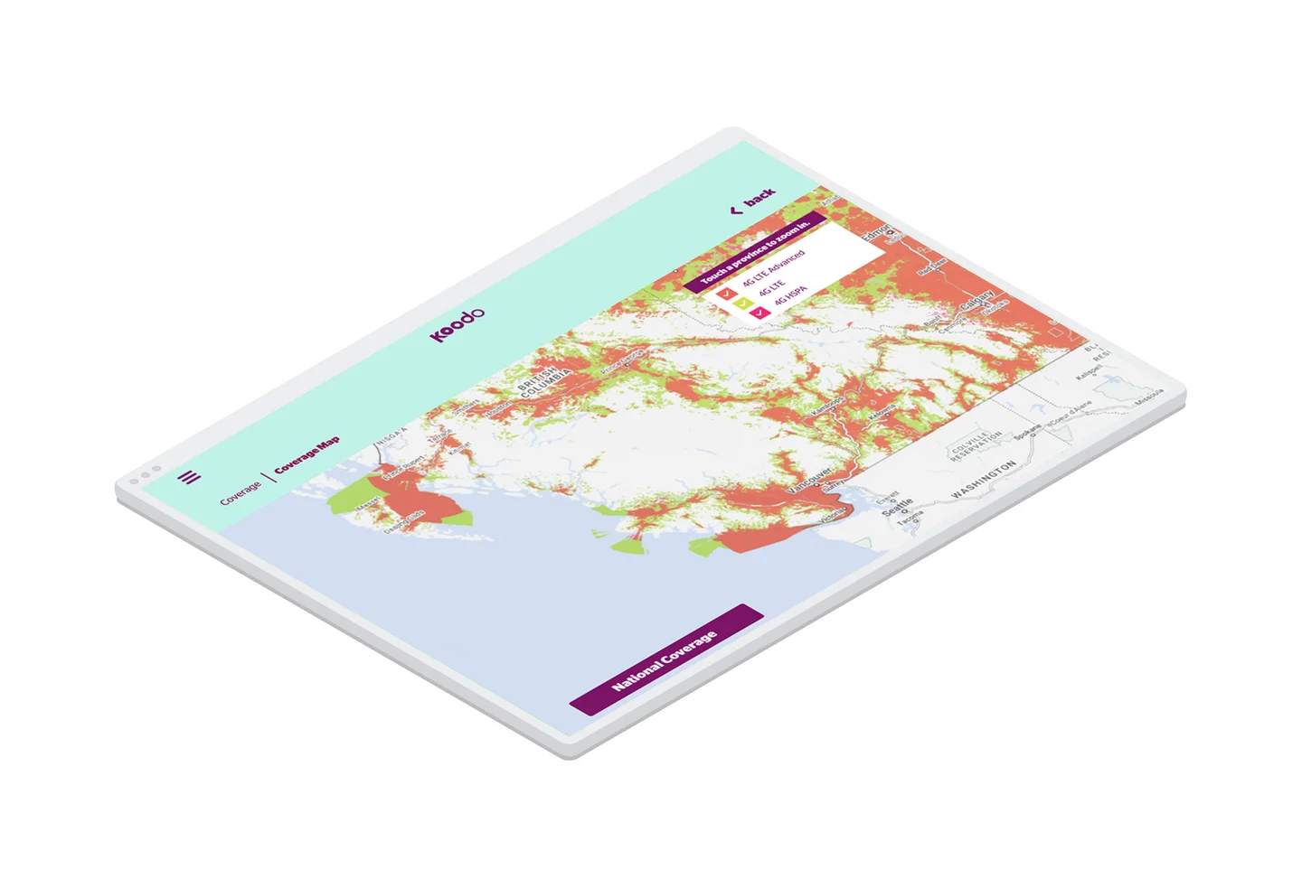 The interactive network coverage map within the Koodo Mobile in-store kiosk application