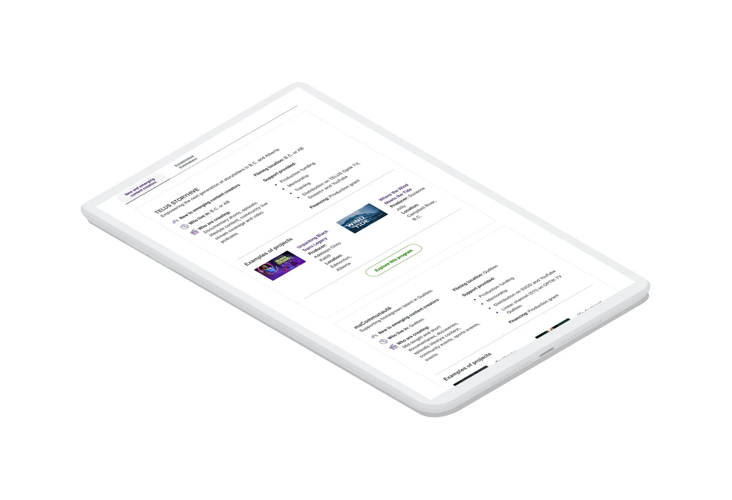 The various options for digital content funding through various programs run by TELUS