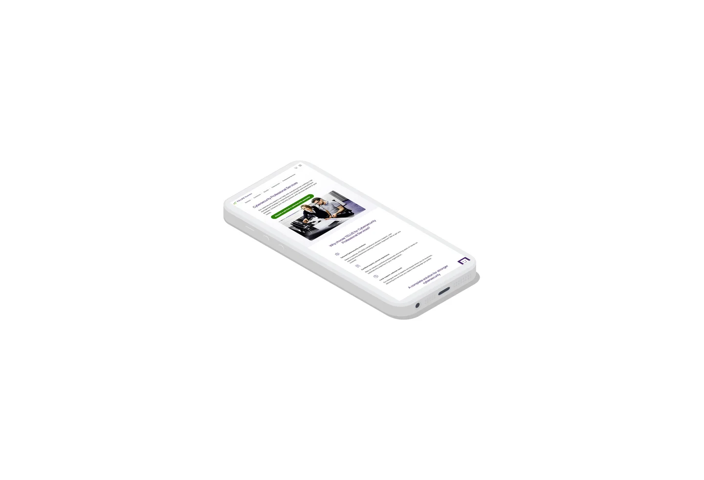 The TELUS Cybersecurity Professional Services page displayed on a mobile device
