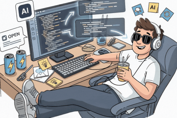 A developer at his desk dictating tasks to his AI agents
