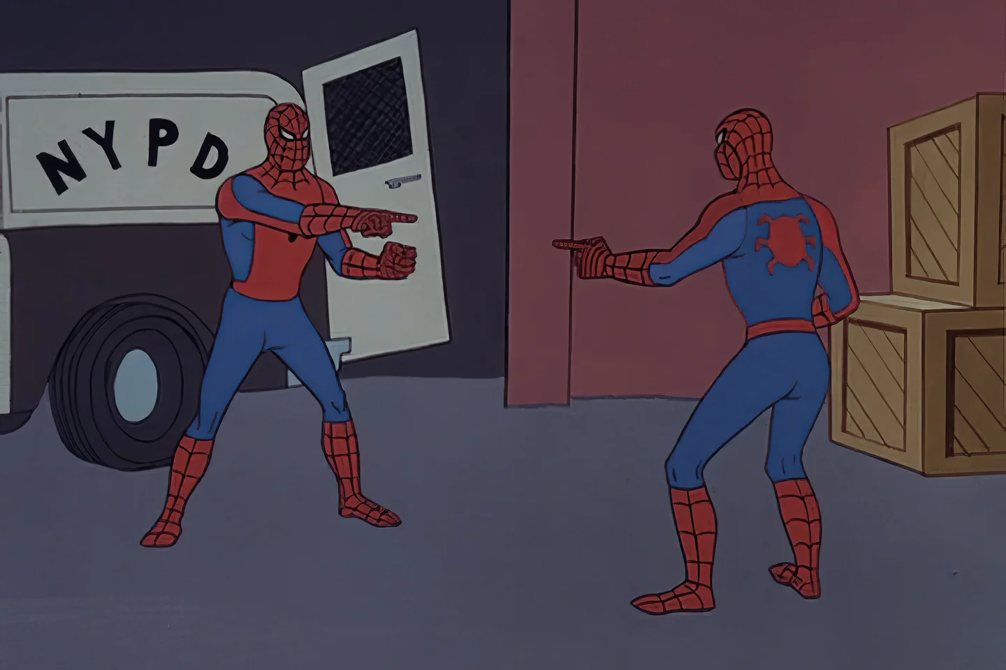 the infamous spider man pointing at a copy of himself meme